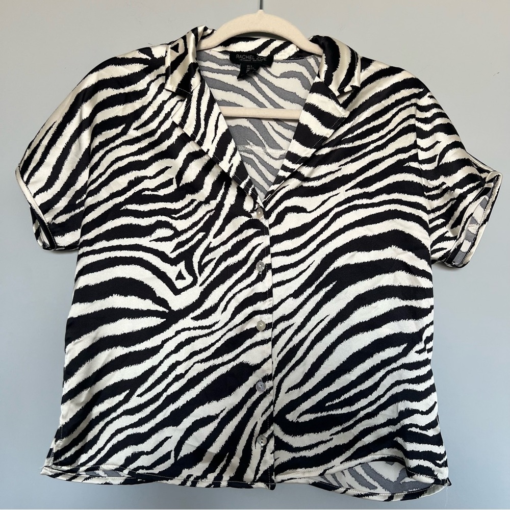 Rachel Zoe Zebra Print Short Sleeve Blouse | Black & Beige | Size: S | Women